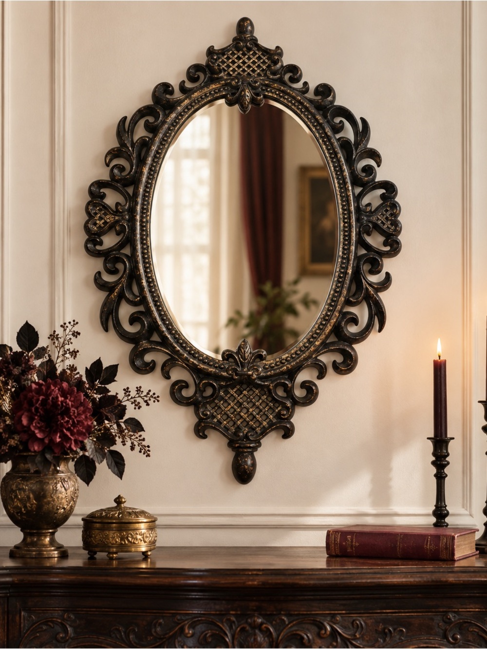 Ornate Oval Wall Mirror Black Gold Scrollwork Hollywood Regency Gothic Decor